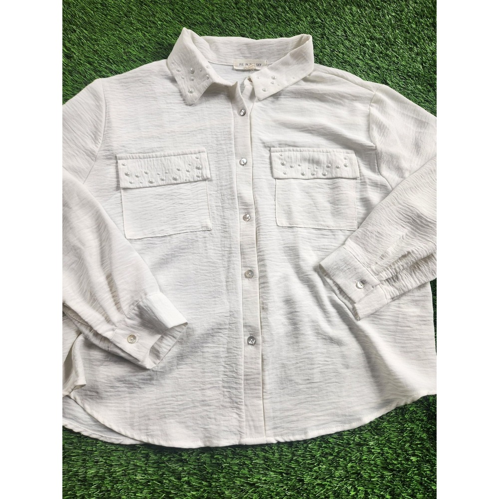 Pie In The Sky Shirt Womens L White Beaded Button Up Long Sleeve Pearl Casual